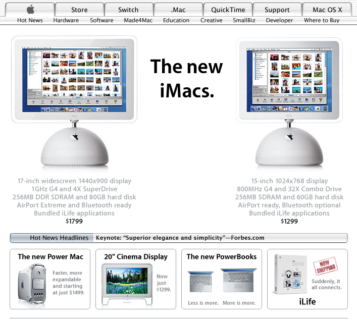 Apple homepage showing redesigned iMac (2003)